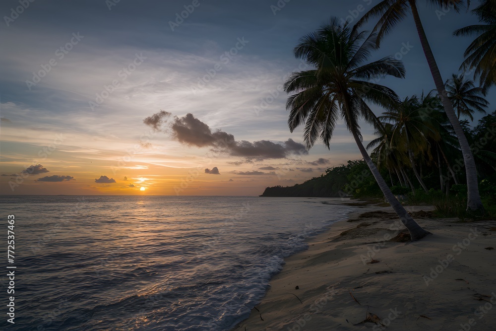 Capture the serenity of a tropical coastline at sunset