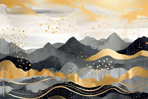 Image a colorful wallpaper illustrating in the style of painting, dark gray and gold, editorial illustrations, whimsical abstract landscapes, illustrations, high resolution, light gold and gray © Pixel Alchemy