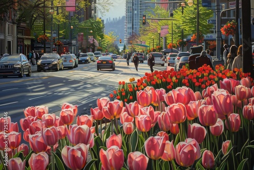 Spring in the City: Colorful Tulips Line the Streets Amidst the Urban Hustle