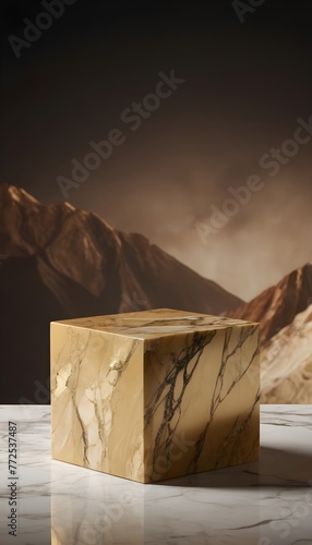 Gold marble cube stand for product presentation dark mountains in background