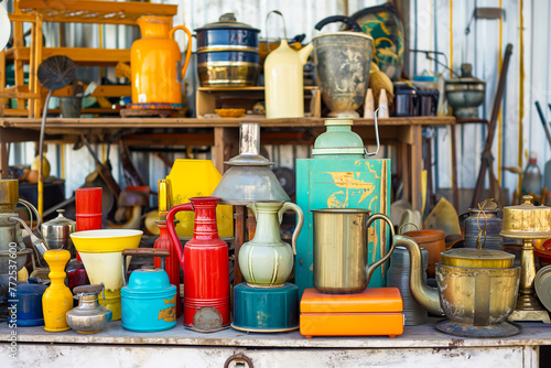 Second hand old household objects for sale at flea market, garage sale, thrift store, charity shop. Zero waste, sustainable lifestyle