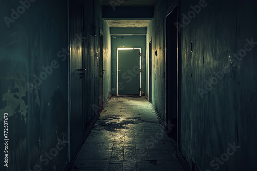 A dark hallway with a door in the middle