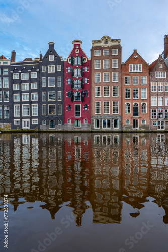 Amsterdam downtown - Amstel river  old houses and a bridge. Travel to Europe. Holland  Netherlands  Europe.