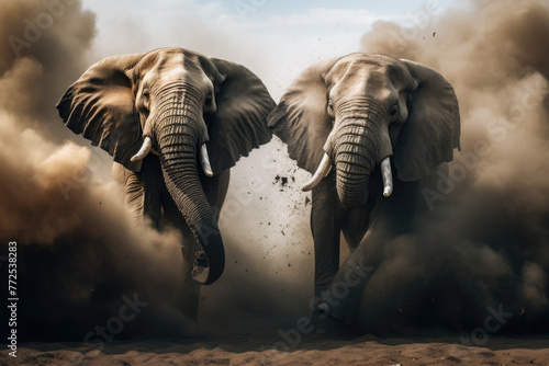 Aggressive behaviour between male African elephants standing, fighting on dirt savanna desert