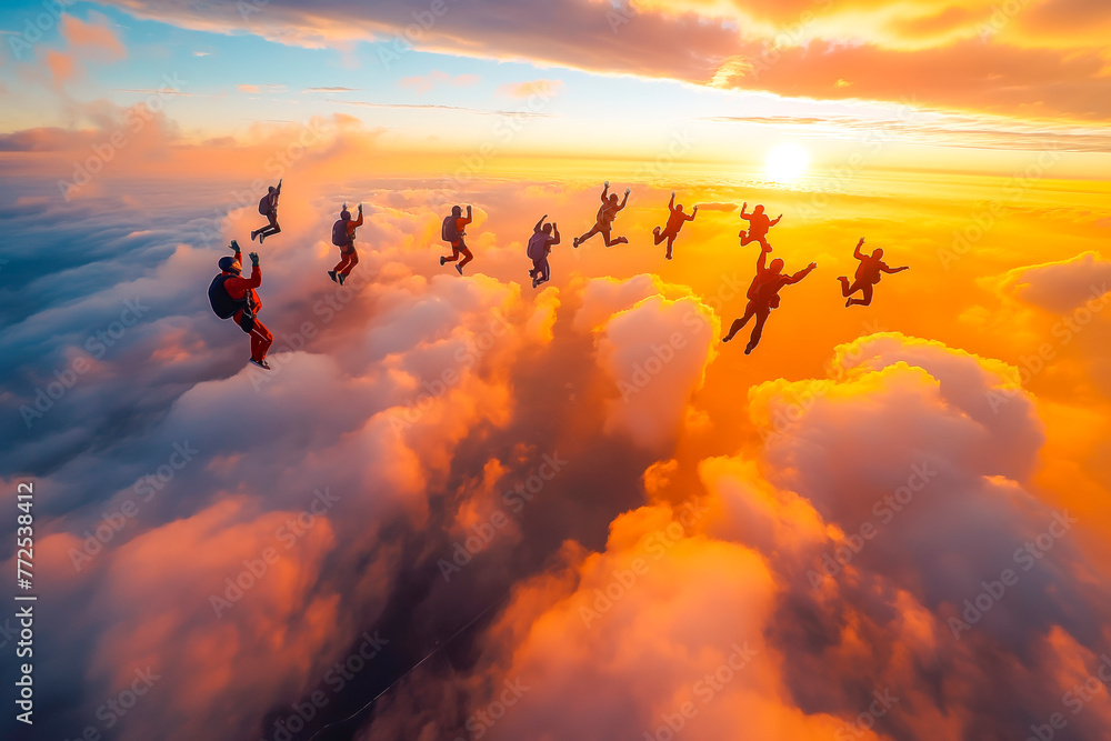 Skydiving group at the sunset Skydivers make a formation above the clouds - obrazy, fototapety, plakaty 