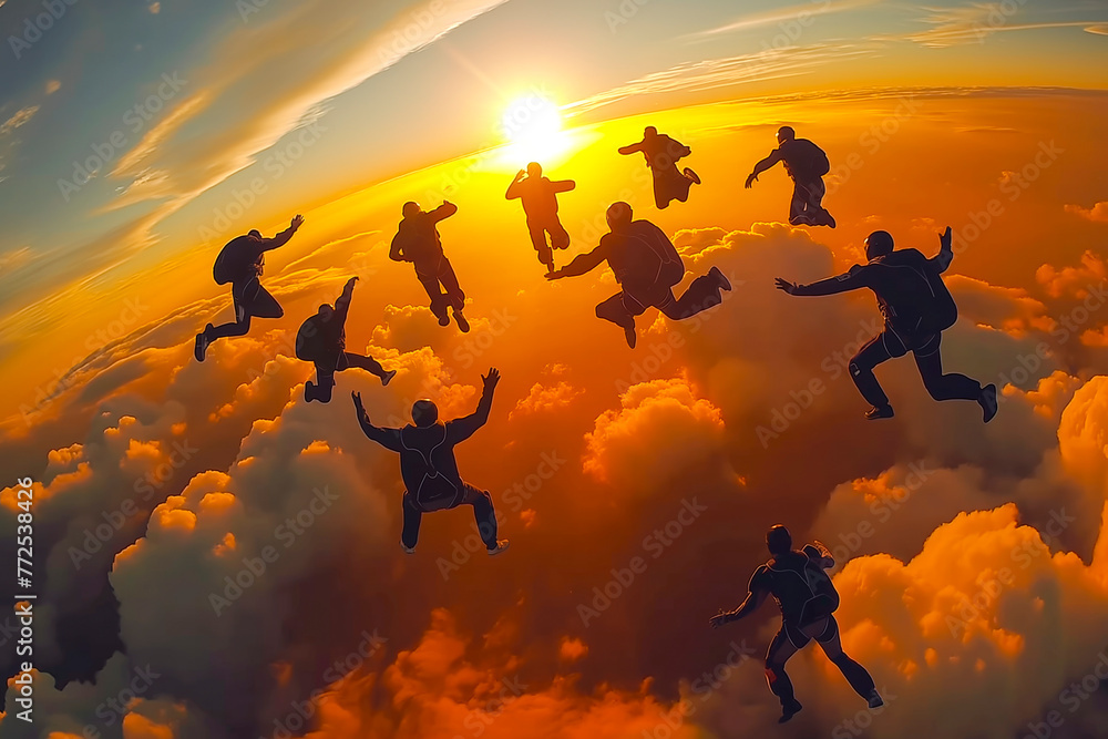 Skydiving group at the sunset Skydivers make a formation above the clouds