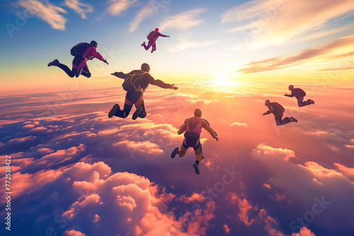 Skydiving group at the sunset Skydivers make a formation above the clouds