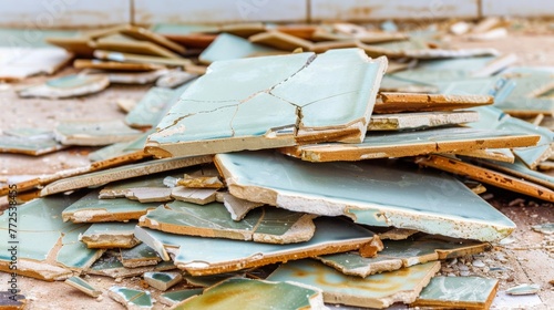 A heap of fractured ceramic tiles is seen piled on the floor, likely remnants of a repair or renovation project in indoor spaces like bathrooms or kitchens. The tiles are shattered into uneven pieces photo