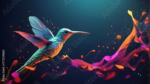 Digital creativity concept with humming bird flying, Generative AI illustration, decoration, design, colourful, colours, creativity, flow, flying, glow, innovation, inspiration, magic, ornament, satur photo