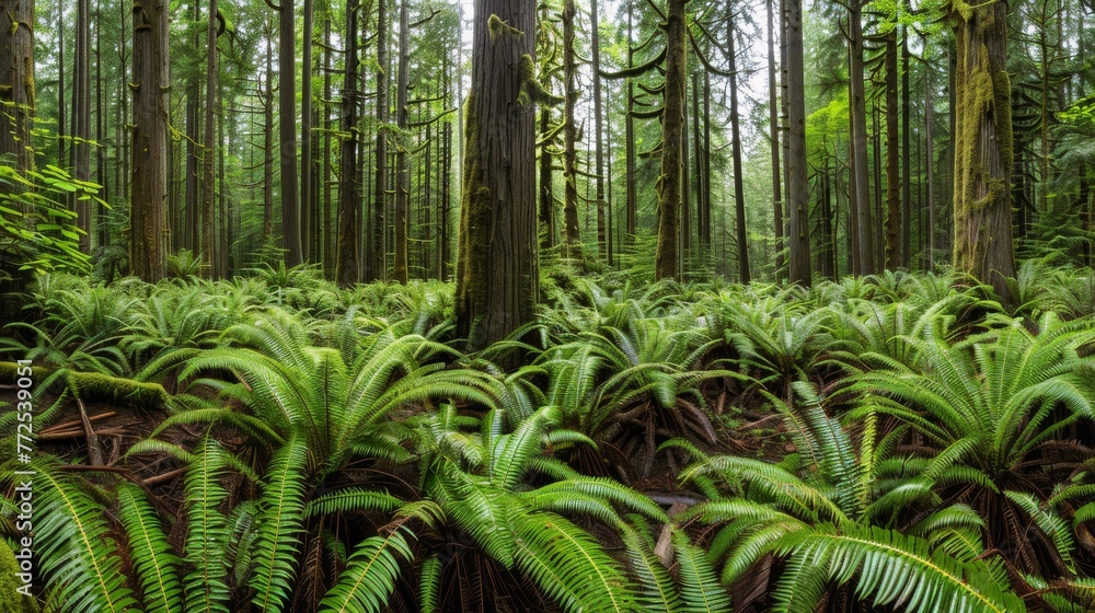A verdant forest brimming with towering trees and vibrant green ferns adorn the floor on either side A verdant forest brimming with towering trees and vibrant green ferns adorn the floor on either side