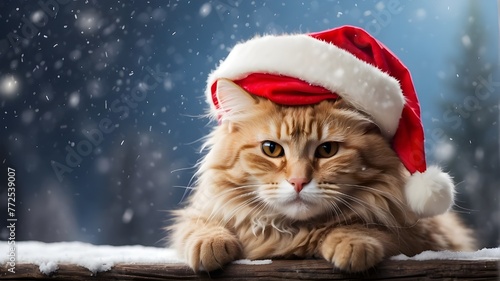 A humorous feline sporting a red Santa Claus hat stands against a snow-covered winter scene. Merry Christmas and Happy New Year © Qazi Sanawer