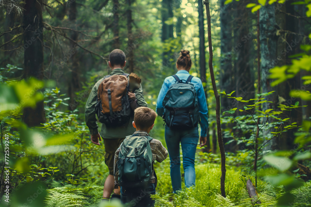 View from behind of a family hiking through a forest clearing, embodying adventure, nature, togetherness, and a shared passion for camping