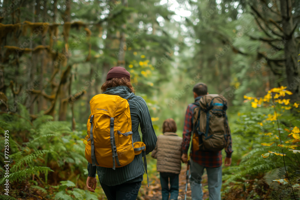 View from behind of a family hiking through a forest clearing, embodying adventure, nature, togetherness, and a shared passion for camping