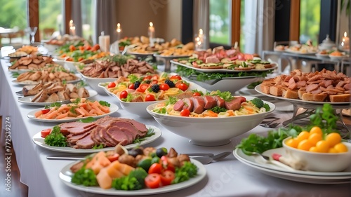 Large buffet table setting for a party brunch featuring meat and vegetables. Cuisine Food Festival Party Idea Buffet Dinner Catering Dining Food Celebration.
