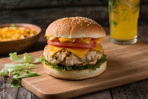 Delicious chicken burger adorned with tomato, cheese, and lettuce