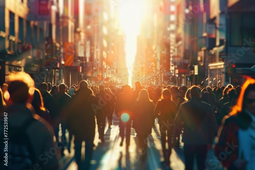 blurred crowed of people walking on city at the golden hour