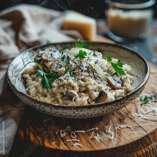 Mushroom Risotto with Parmesan Cheese on Rustic Wooden Board - Comfort Food Photography