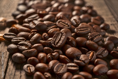 Display Close up of coffee beans on a wooden table surface