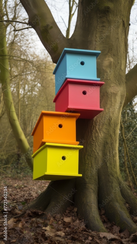 A vibrant array of colorful boxes stacked on a tree branch, creating a playful and magical scene