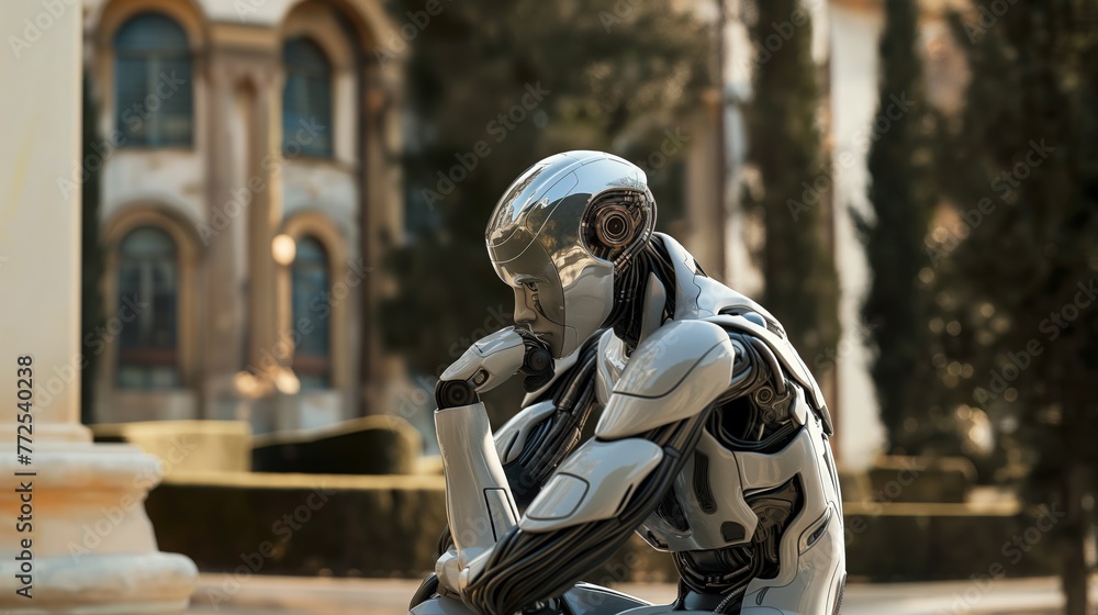 Thinker robot. The cutting-edge robot is deliberating on the best course of action. Humanoid robot seated. Thinker robot. The cutting-edge robot is deliberating on the best course of action. Humanoid robot seated.