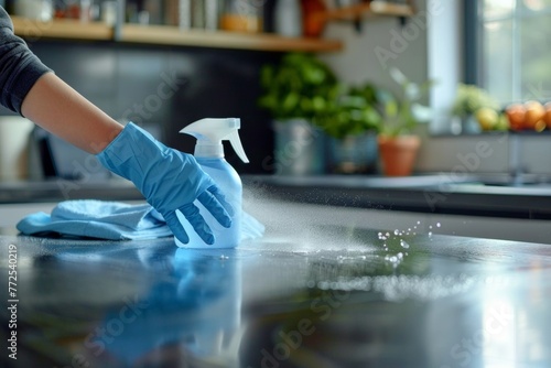 Sanitizing kitchen table surface with disinfectant spray for covid-19 prevention