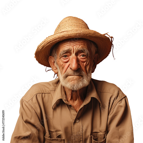 Bearded man in a straw hat with facial hair and moustache on transparent