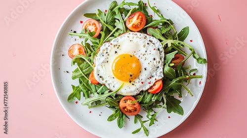  A platter featuring a golden fried egg perched atop a bed of lush lettuce and vibrant cherry tomatoes