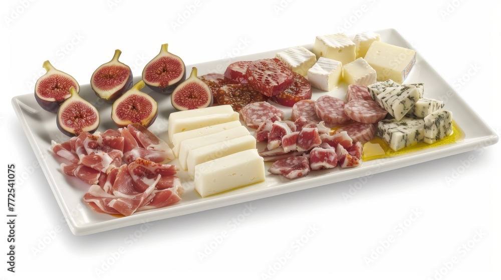 A plate of meat, cheese, and figs on a white background A plate of meat, cheese, and figs on a white background