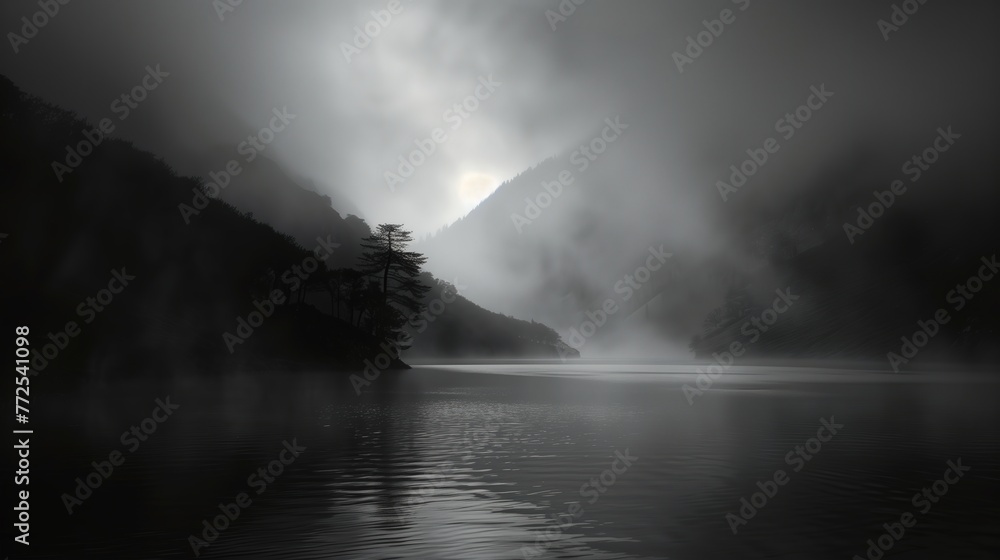 Fototapeta premium An ethereal black mist enveloping a serene landscape, evoking a sense of mystery and wonder, minimalist, real photo, stock photography ai generated high quality image