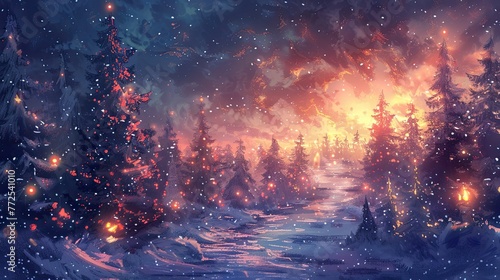 watercolor Magical forest with christmas trees and glowing lights © positfid