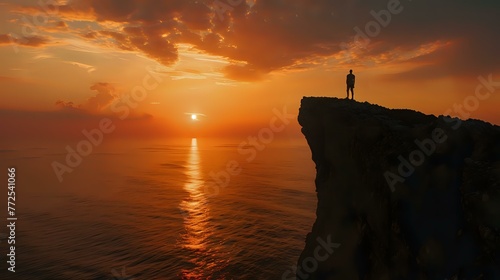 Man standing on top of cliff at sunset