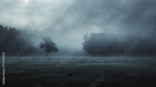 An ethereal black mist enveloping a serene landscape, evoking a sense of mystery and wonder, minimalist, real photo, stock photography ai generated high quality image