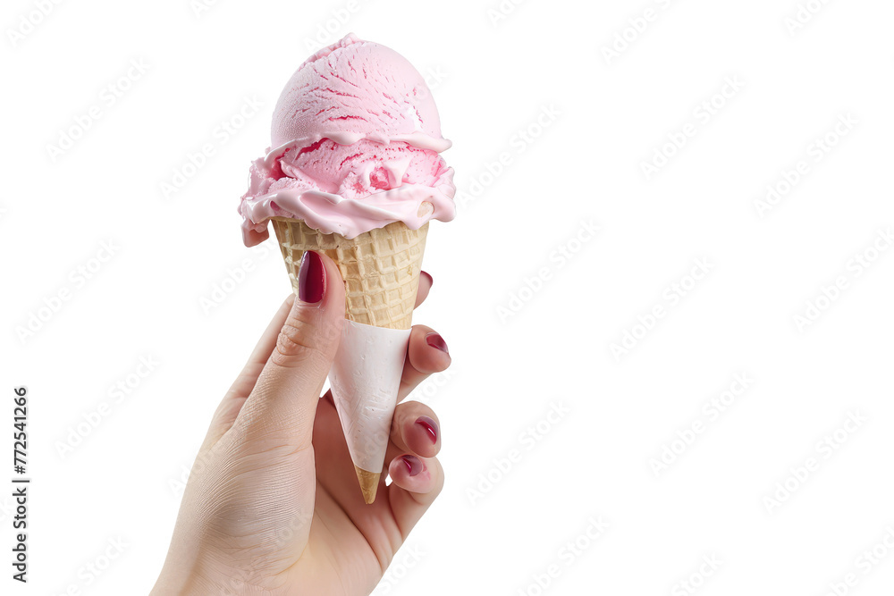 Female hand holding ice cream in waffle cone isolated on transparent ...