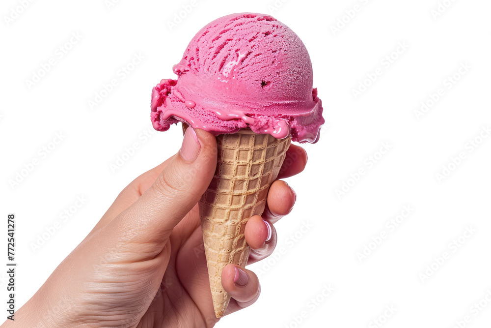 Female hand holding ice cream in waffle cone isolated on transparent background, clipart, cutout, png. Pink milk ice-cream. Female hand holding ice cream in waffle cone isolated on transparent background, clipart, cutout, png. Pink milk ice-cream.