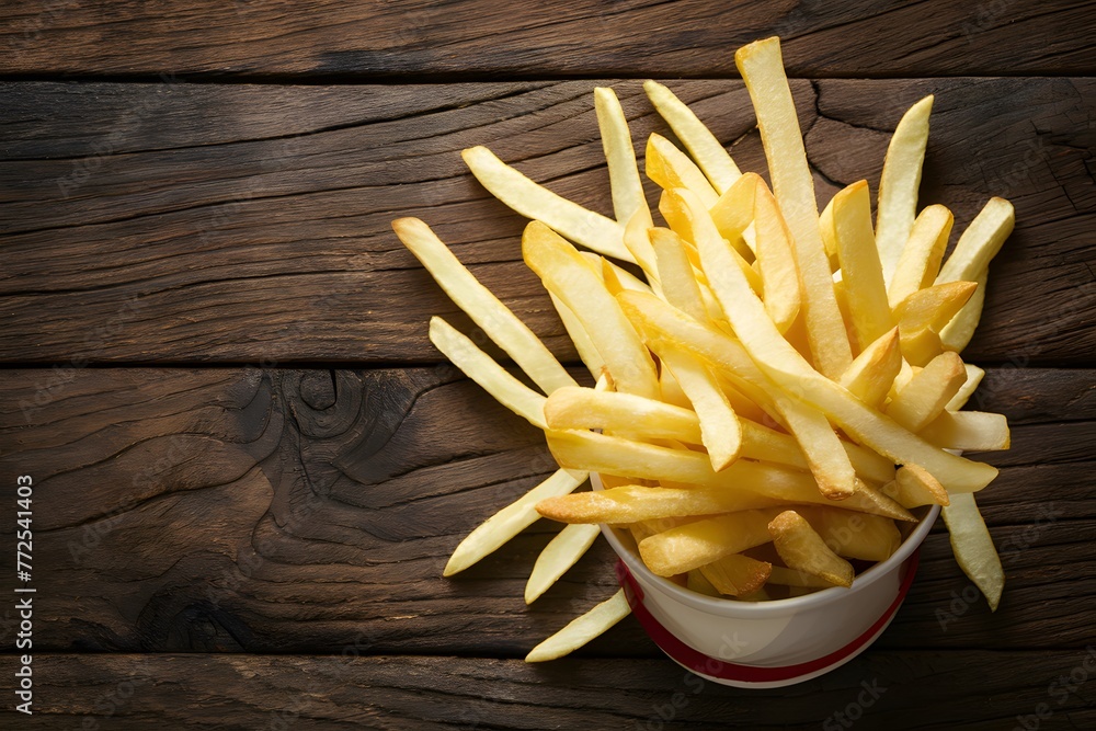 French fries displayed enticingly over a rustic wooden background French fries displayed enticingly over a rustic wooden background