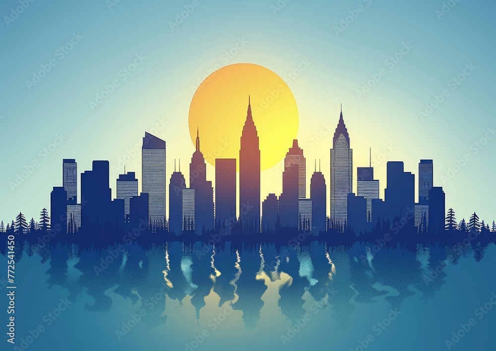 Serene City Skyline at Dawn with Reflective Water Surface and Warm Rising Sun in the Background