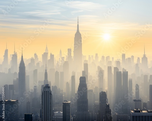 Misty Sunrise Over Urban Cityscape with Glowing Sun Peeking Through Skyscrapers