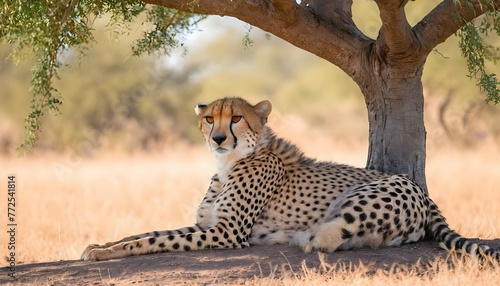 A Cheetah Resting In The Shade Of An Acacia Tree
