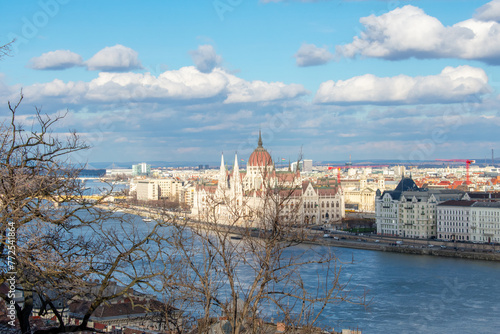 Aerial view on Danube River and buildings in City center of Budapest, Hungary. Drone photo, high angle view of town