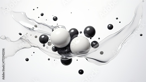 Collision of abstract objects in space. Abstract scene of various colliding objects. A dynamic composition of spheres and plasticy form.