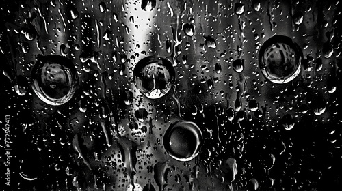a black and white photo of raindrops on a window with a black and white photo of the outside of a building.