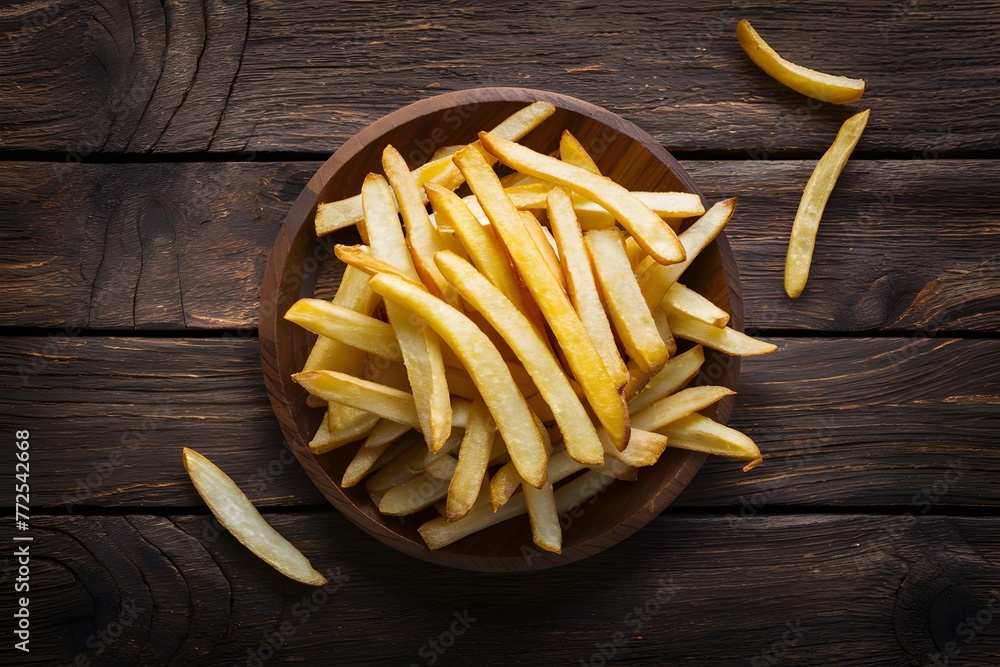 Golden fried potatoes (French fries) presented on a wooden table Golden fried potatoes (French fries) presented on a wooden table
