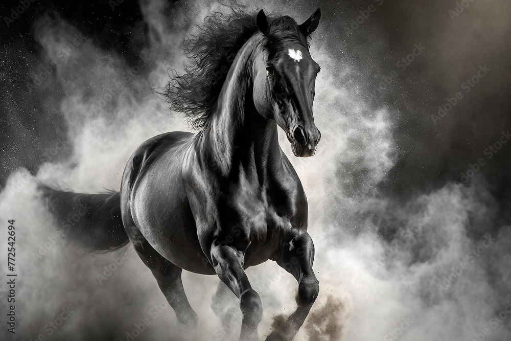 A black horse running with a cloud of dust around him.