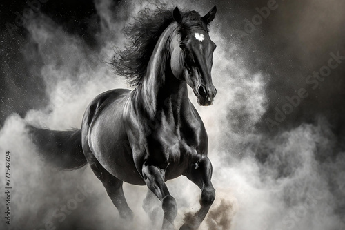 A black horse running with a cloud of dust around him.