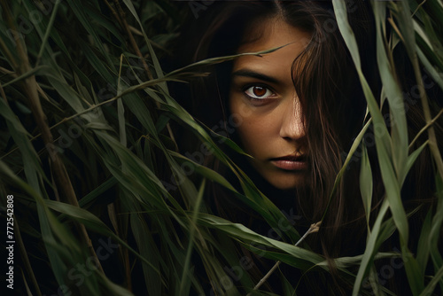 A serious indian girl looking through tall grass and hiding, in the style of dramatic portraits, light green and dark brown, feminine empowerment, macro photography.