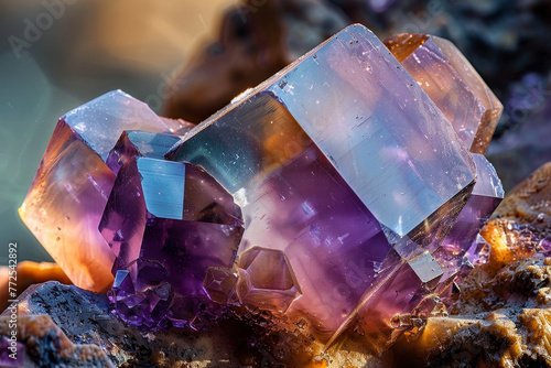A purple crystal is sitting on a rock