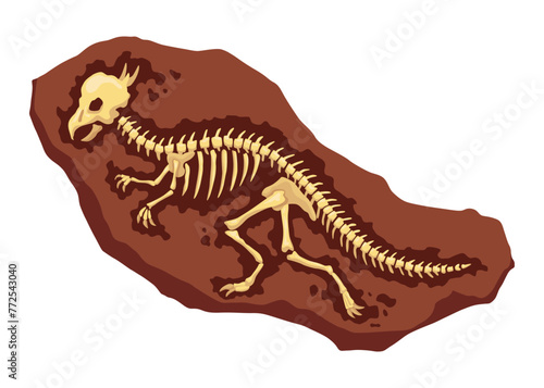 Dinosaur fossil skeleton bones, excavations of archeology isolated. Prehistoric reptile skeletons lying underground. Cartoon paleontological artifact