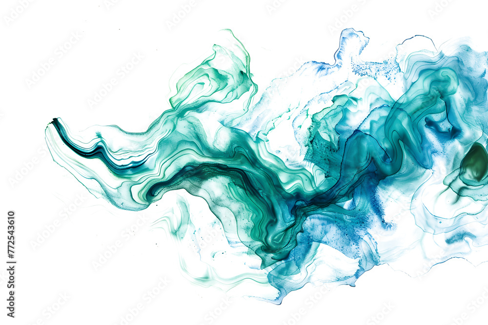 Blue and green marbled watercolor paint stain on transparent background.