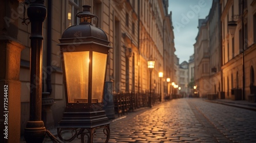 A lantern, affixed to a structure, casting a glow on a deserted Kraków alley.