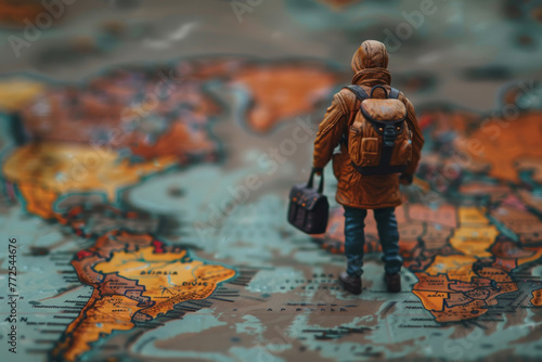 A man is standing on a map of the world with a backpack and a briefcase photo